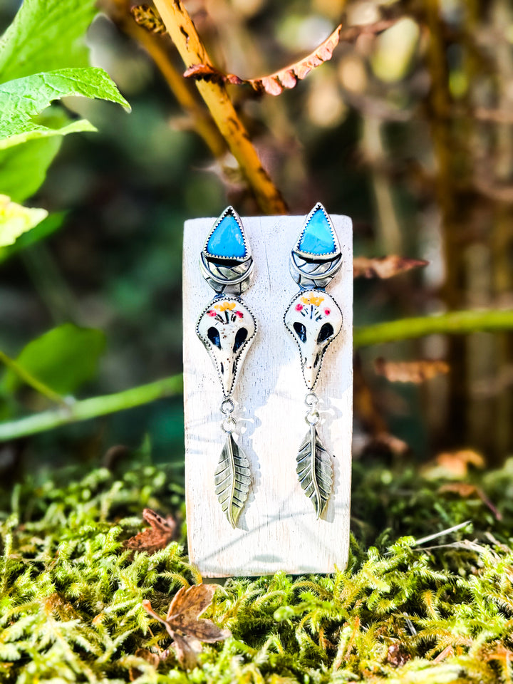 Queen of Noise- Bird Skull Turquoise Earrings