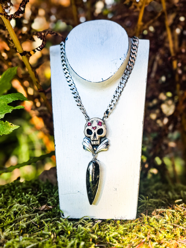 Cherry Bomb- Dinosaur Bone in Pyrite Skull Necklace