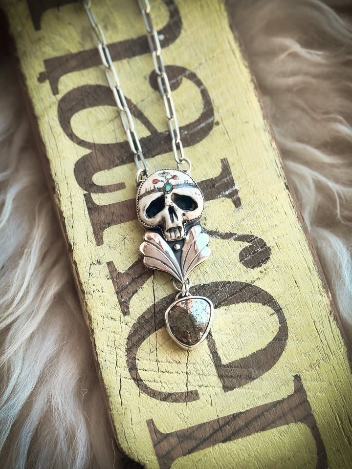 Timeless Rebellion-Dinosaur Bone in Pyrite Skull Necklace