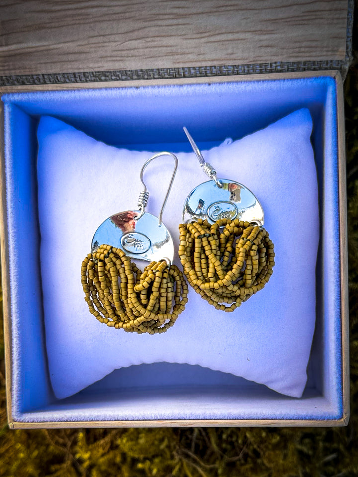 Rainforest Fern Tassel - Olive Beaded Earrings