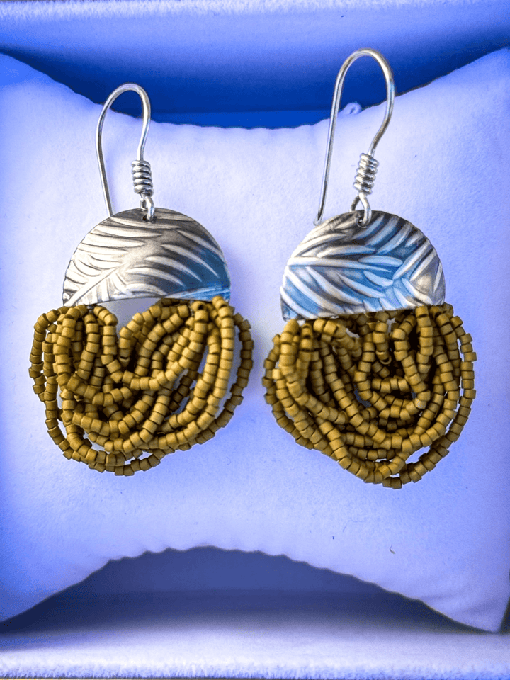 Rainforest Fern Tassel - Olive Beaded Earrings