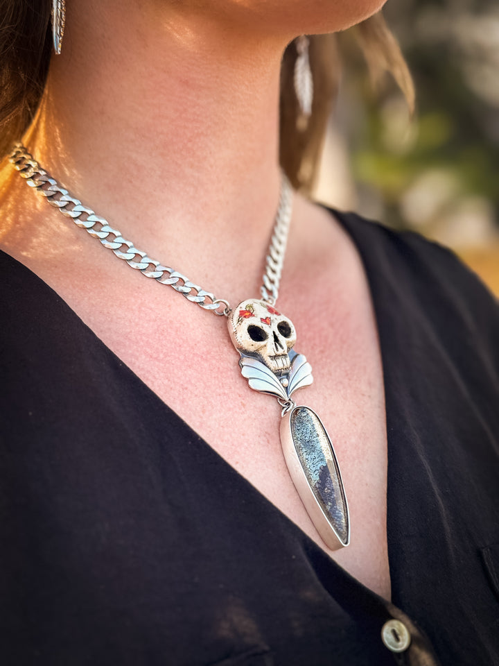 Cherry Bomb- Dinosaur Bone in Pyrite Skull Necklace