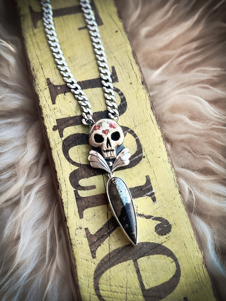 Cherry Bomb- Dinosaur Bone in Pyrite Skull Necklace