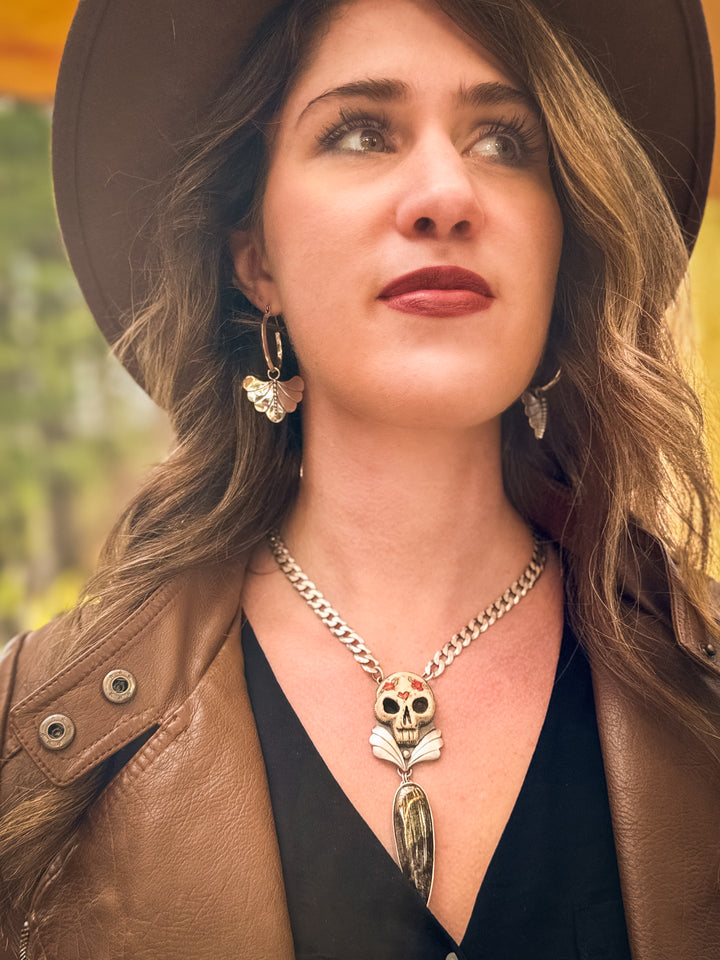 Cherry Bomb- Dinosaur Bone in Pyrite Skull Necklace