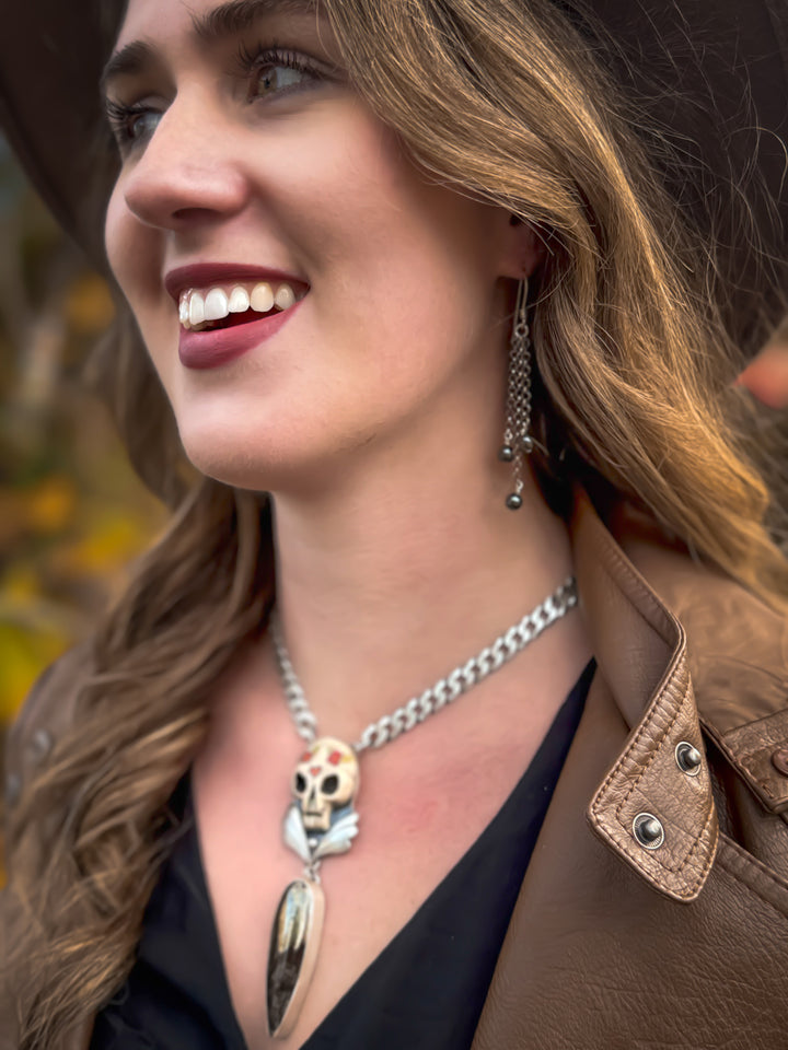 Cherry Bomb- Dinosaur Bone in Pyrite Skull Necklace