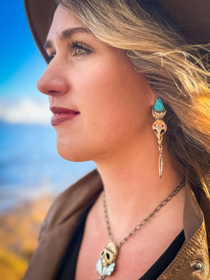 Queen of Noise- Bird Skull Turquoise Earrings