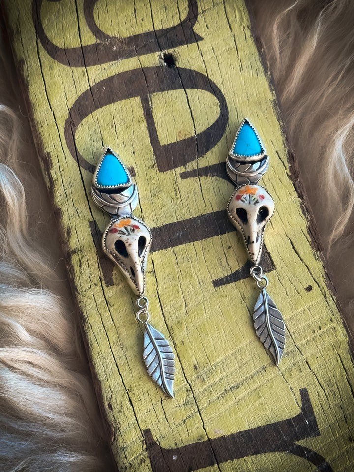 Queen of Noise- Bird Skull Turquoise Earrings