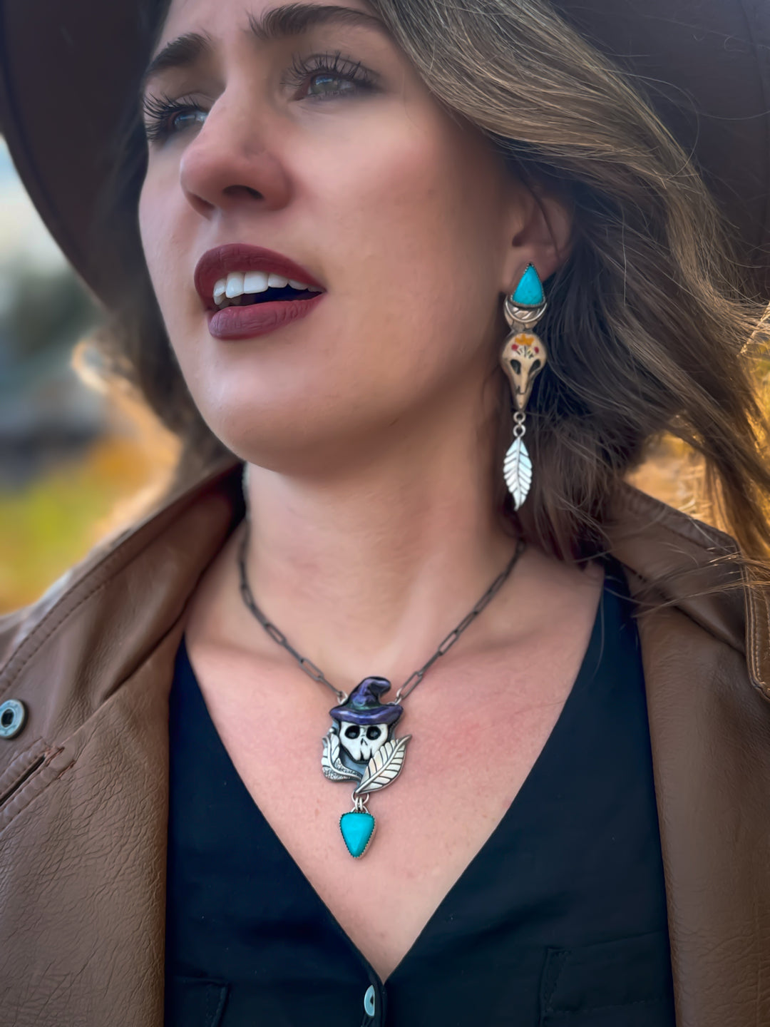 Queen of Noise- Bird Skull Turquoise Earrings